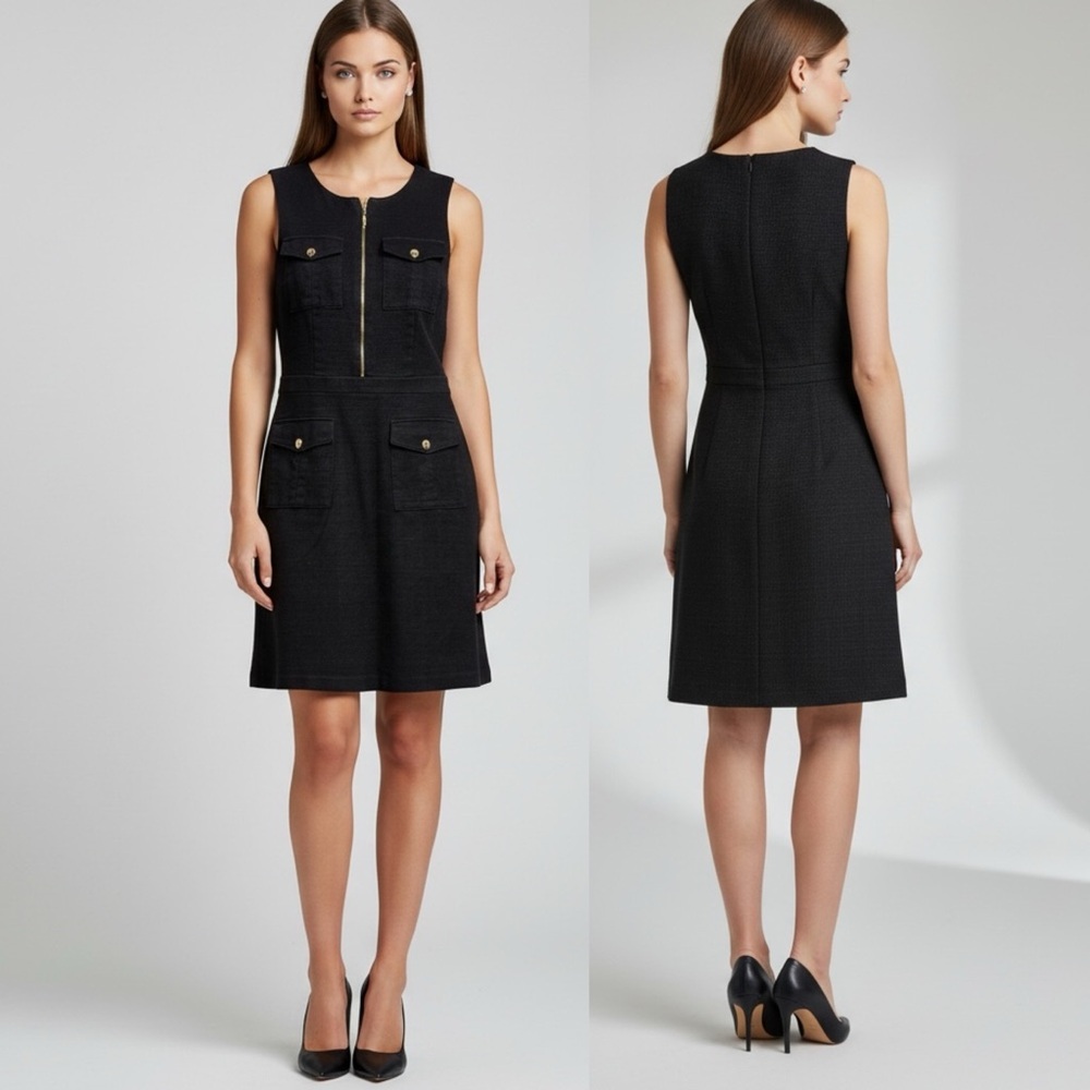 🌻Tahari Black Preppy Sleeveless Black Textured Parkcore Dress Size 6 - Picture 1 of 10